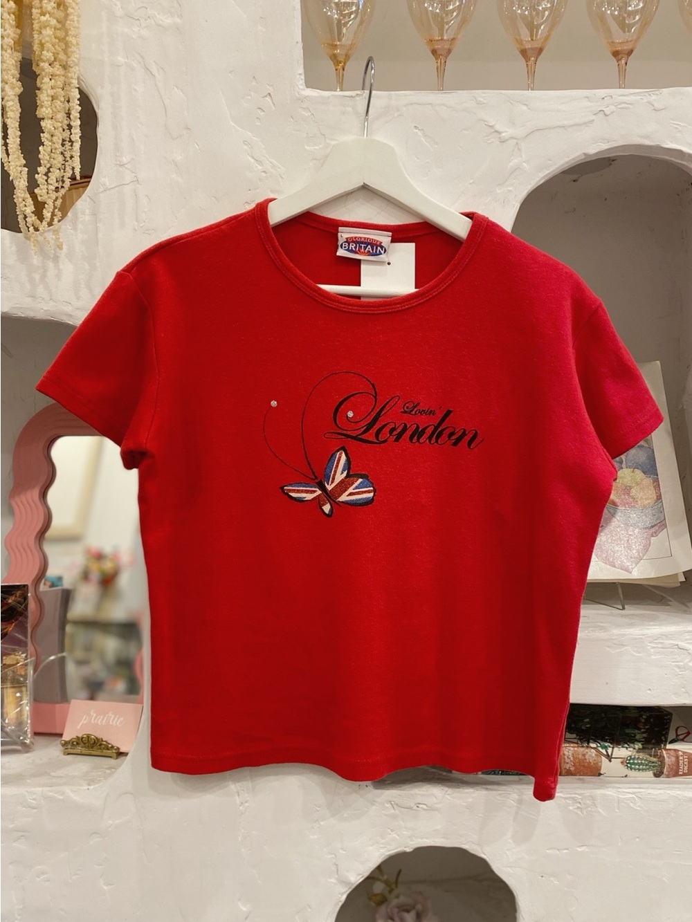 Y2K Vintage Red Cotton London UK Union Jack Glitter Butterfly Graphic Baby Tee